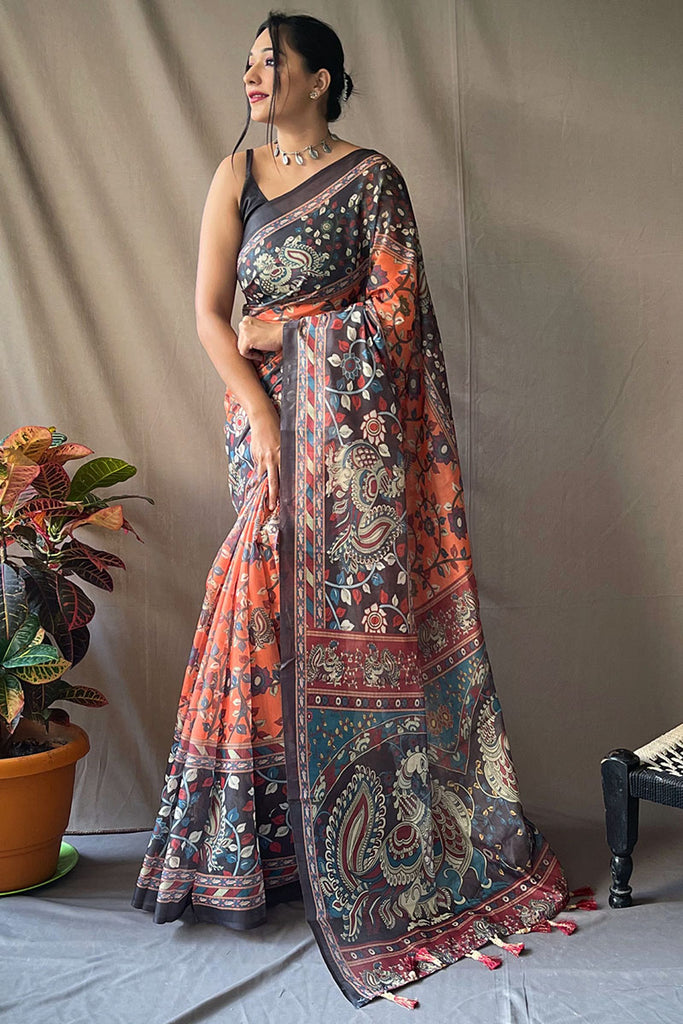 Tiger Orange Kalamkari Printed Cotton Saree