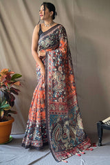Tiger Orange Kalamkari Printed Cotton Saree