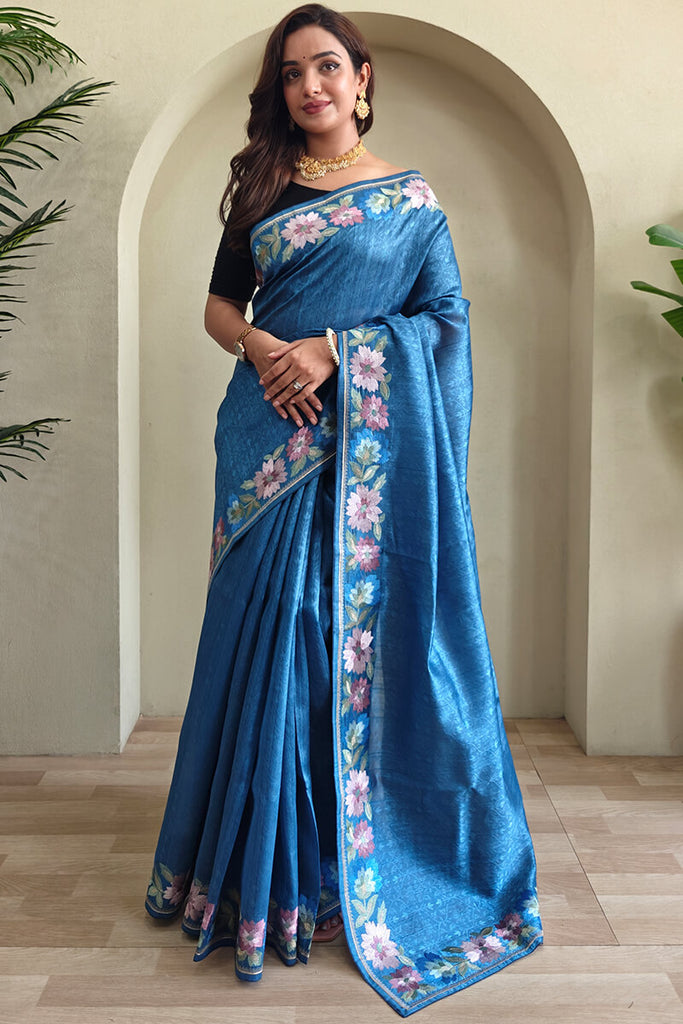 Tufts Blue Contrast Color Embroidered Tussar Silk Saree