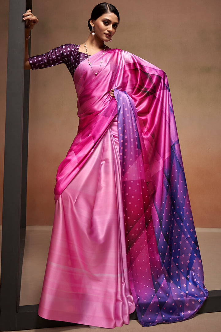 Tulip Pink Printed Satin Silk Saree