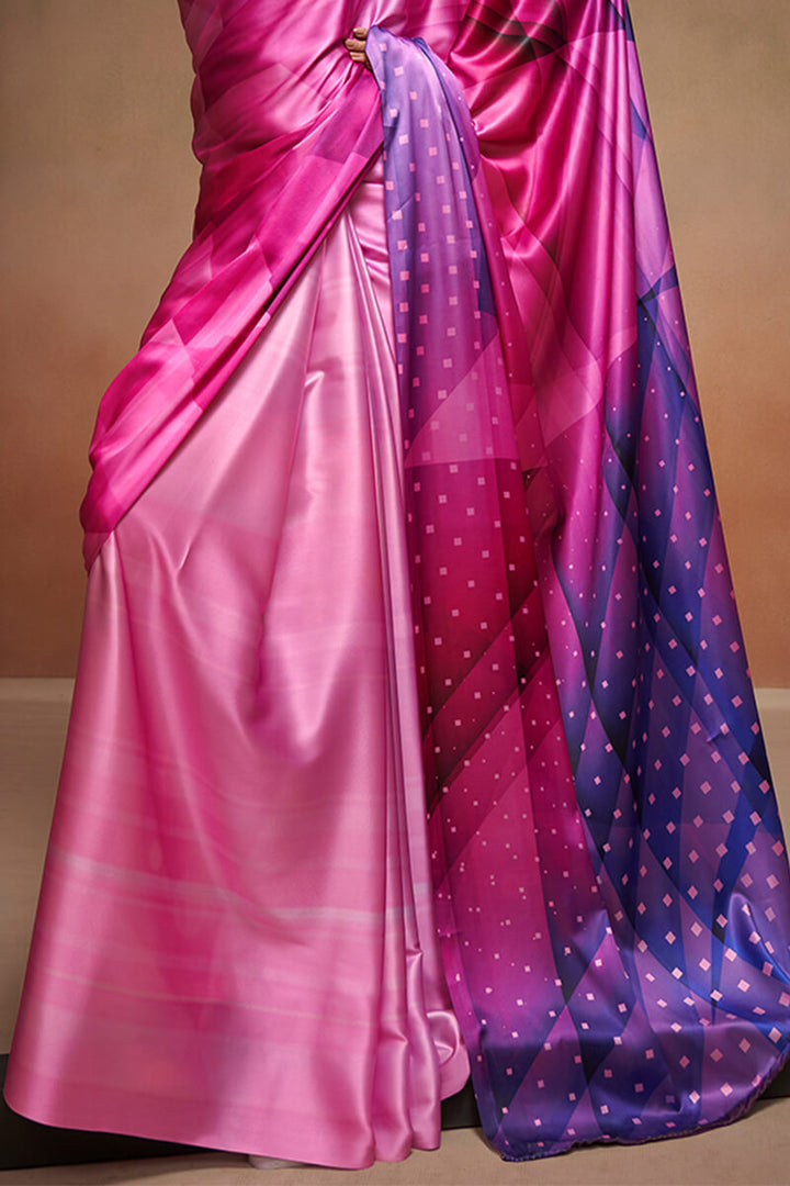 Tulip Pink Printed Satin Silk Saree