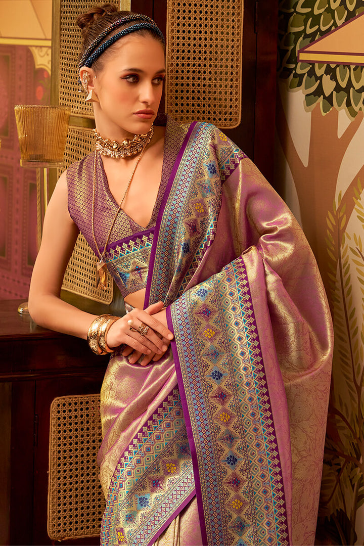 Tulip Pink Zari Woven Tissue Silk Saree