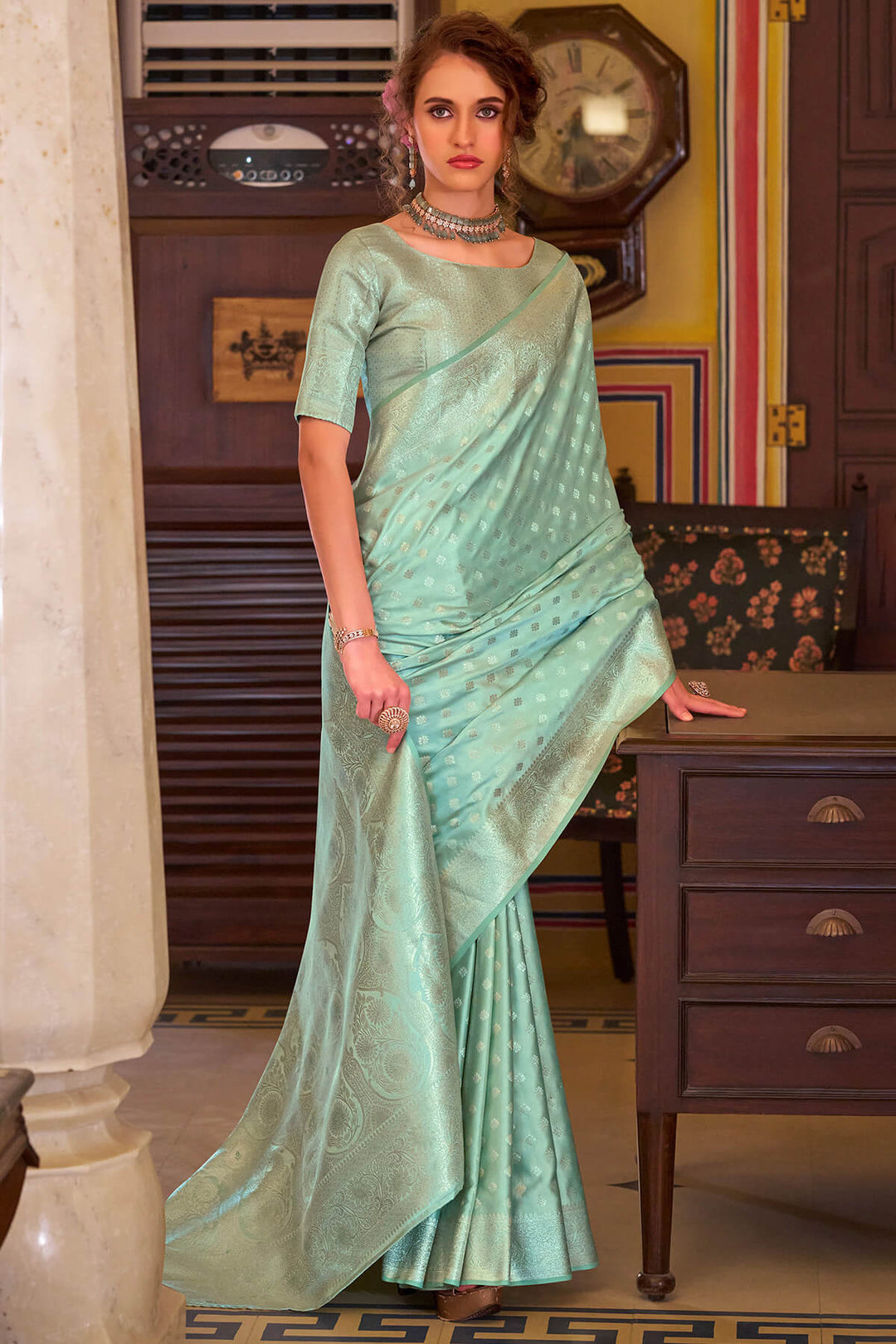 Turquoise Green Banarasi Satin Silk Saree