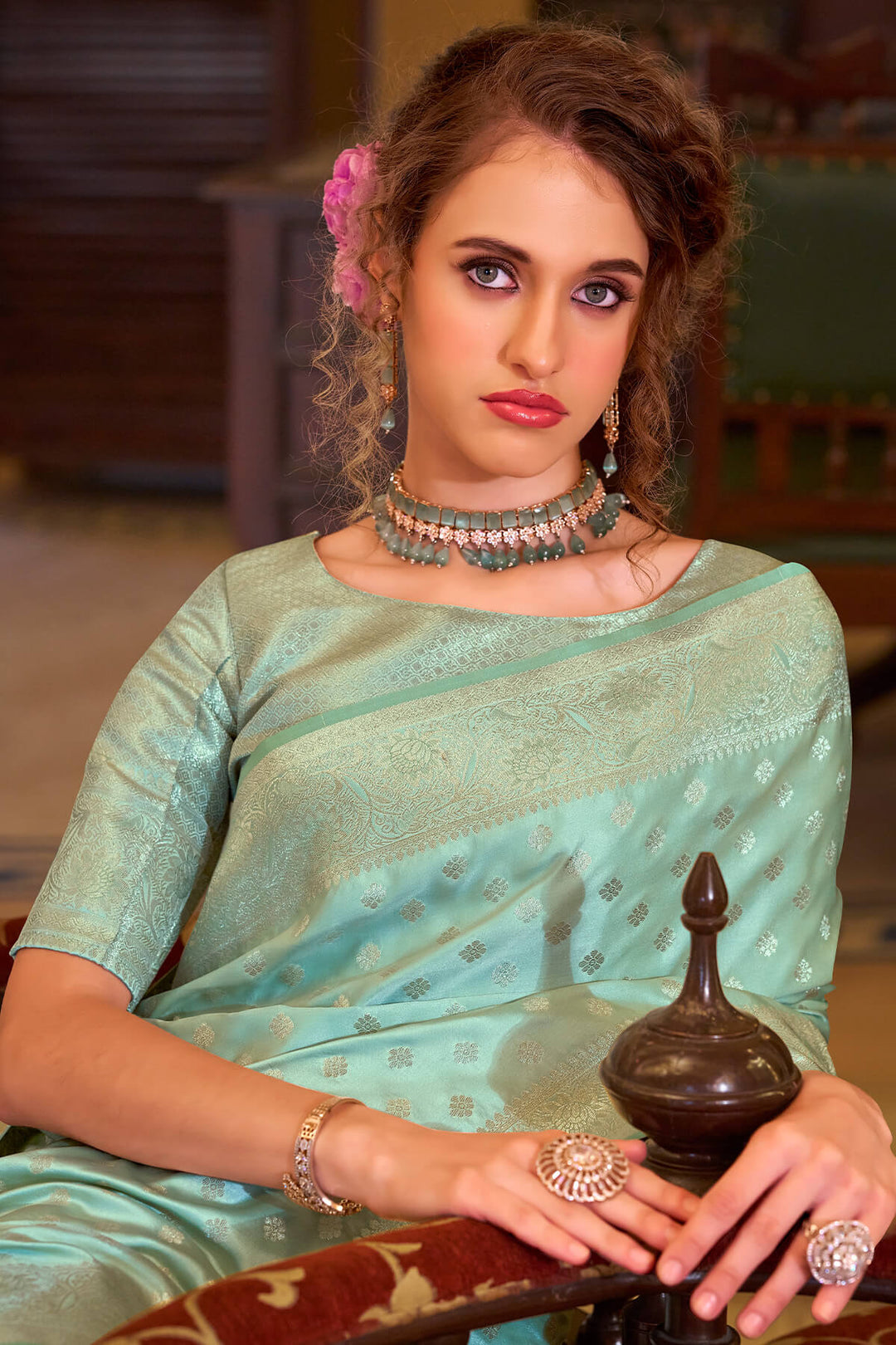 Turquoise Green Banarasi Satin Silk Saree