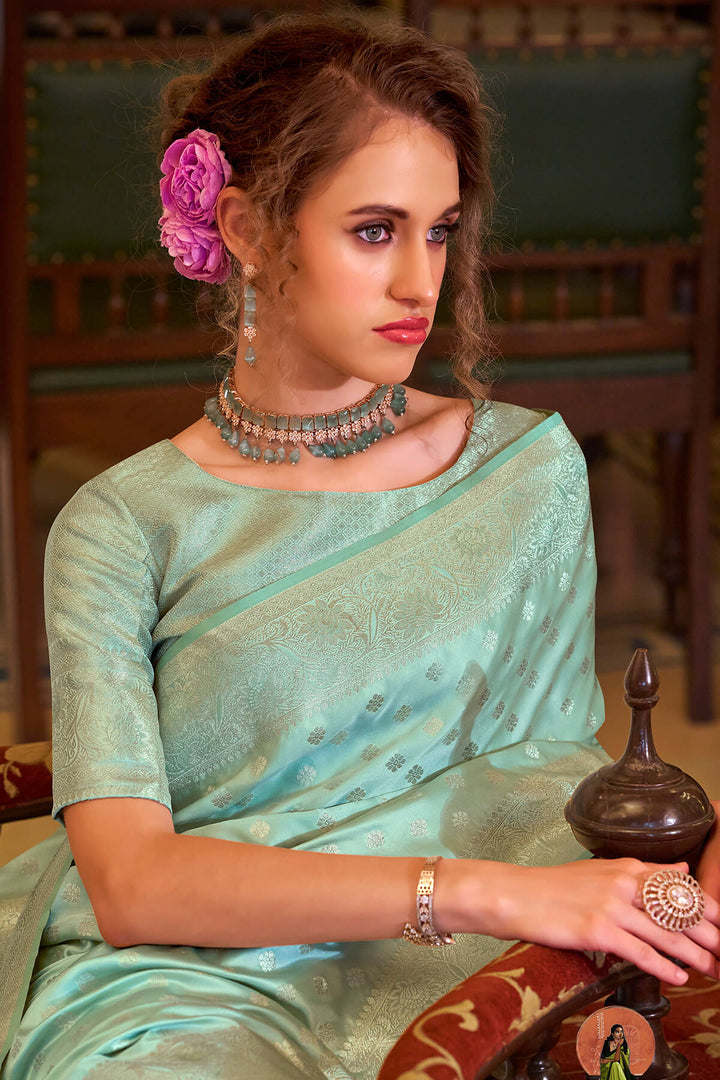 Turquoise Green Banarasi Satin Silk Saree