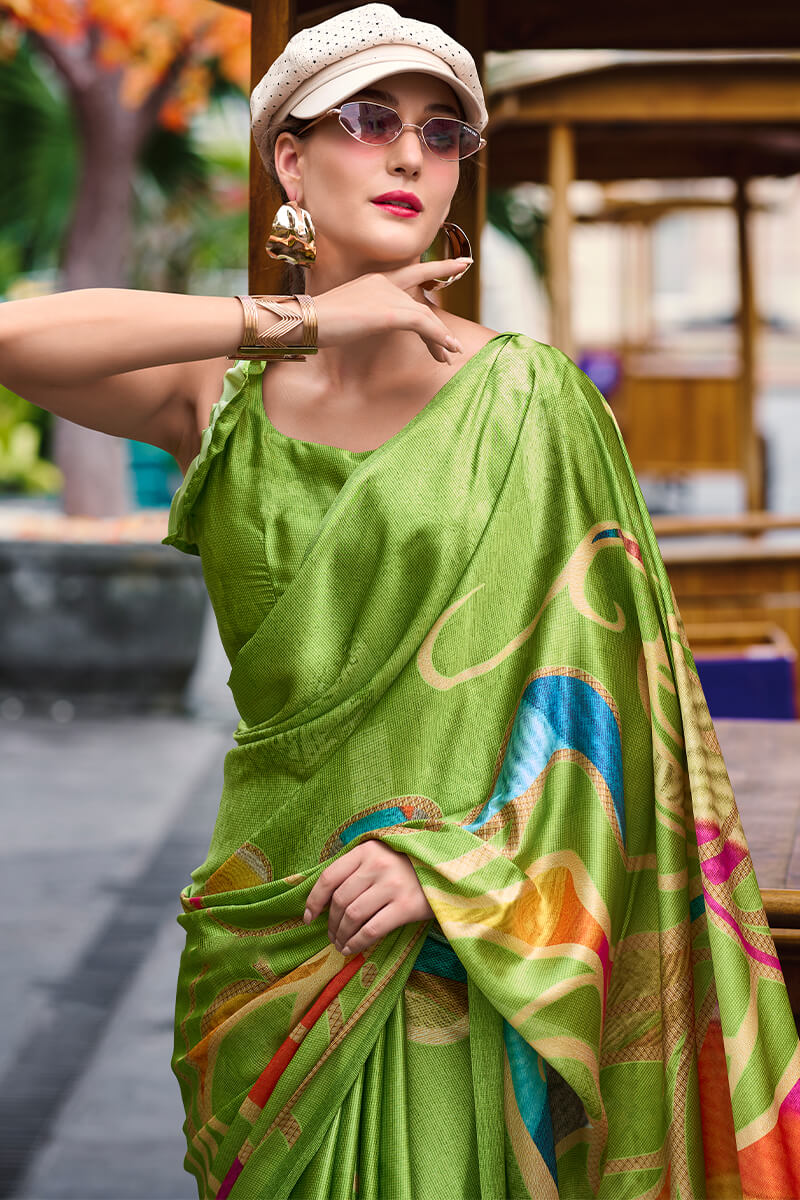 Turtle Green Printed Satin Crepe Silk Saree
