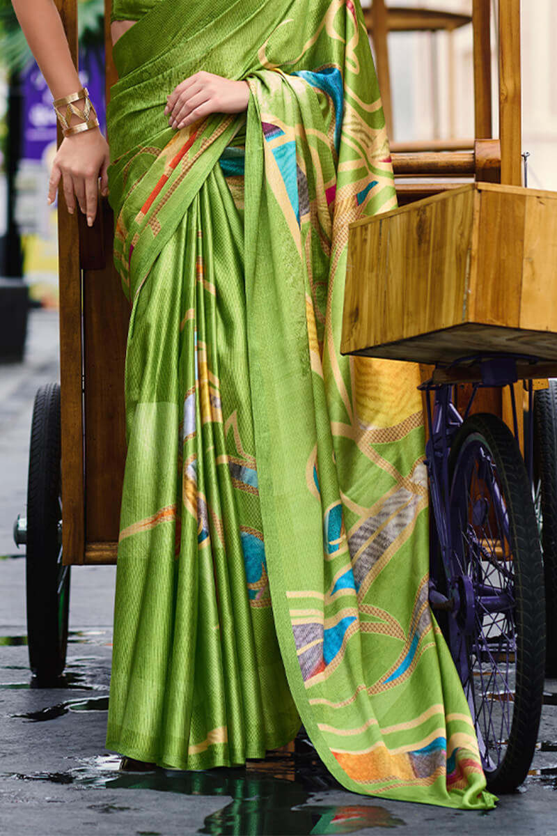 Turtle Green Printed Satin Crepe Silk Saree