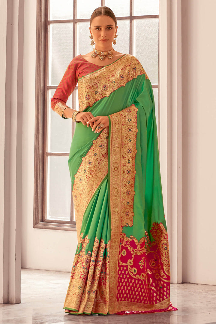 Turtle Green Zari Woven Soft Banarasi Silk Saree