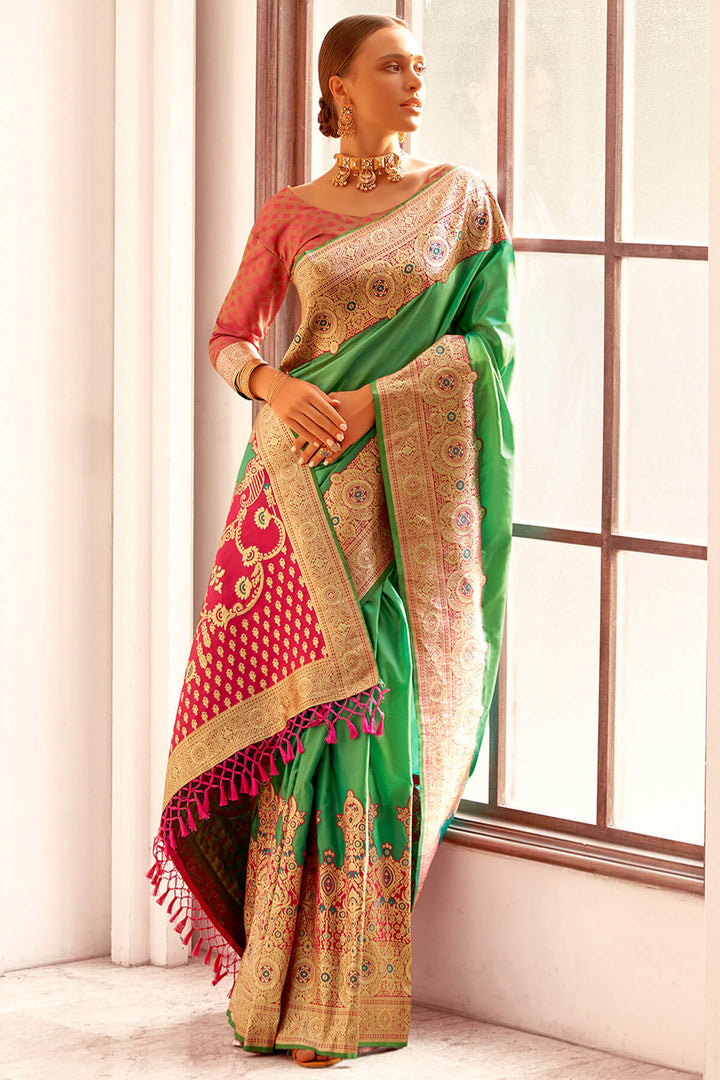 Turtle Green Zari Woven Soft Banarasi Silk Saree