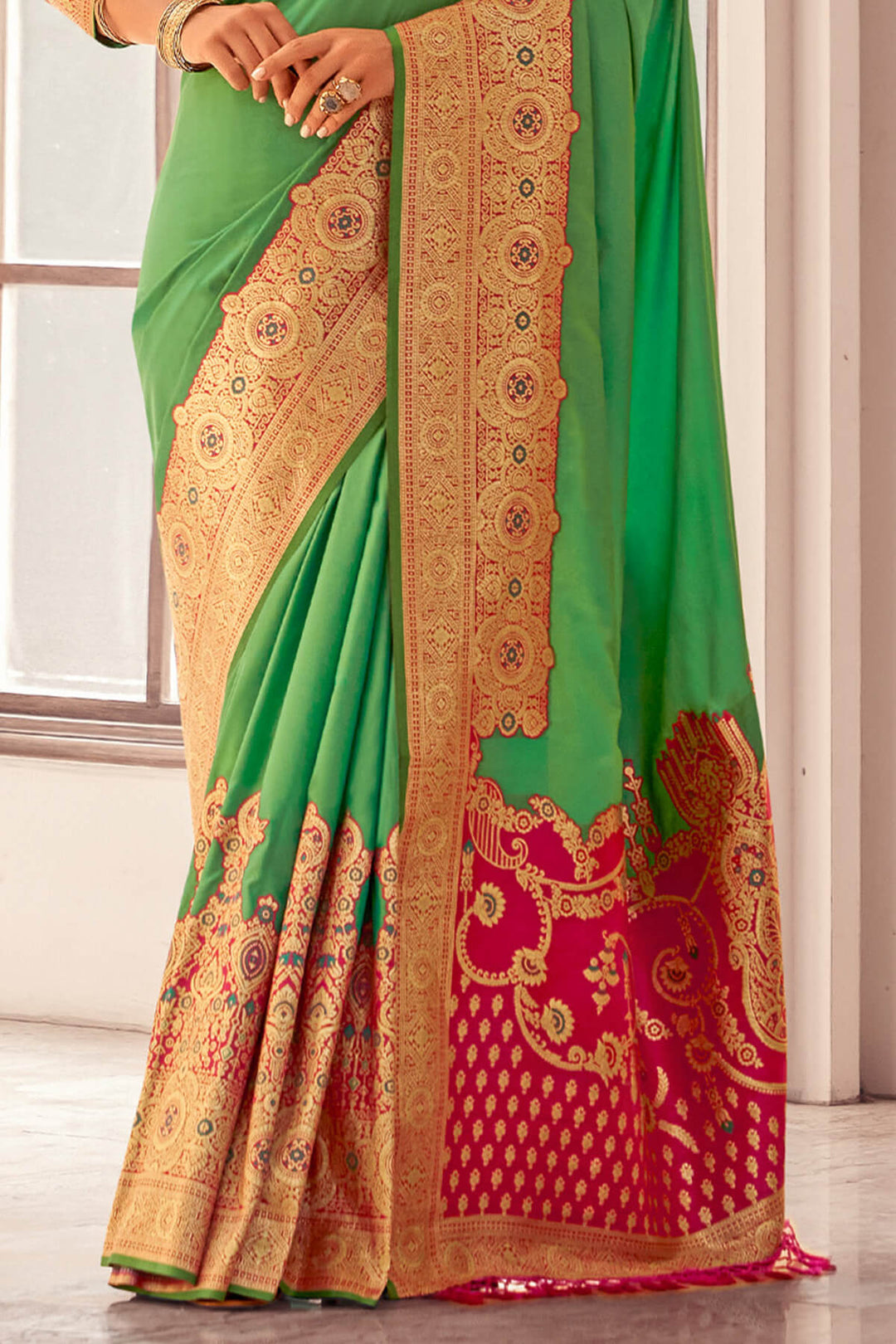 Turtle Green Zari Woven Soft Banarasi Silk Saree