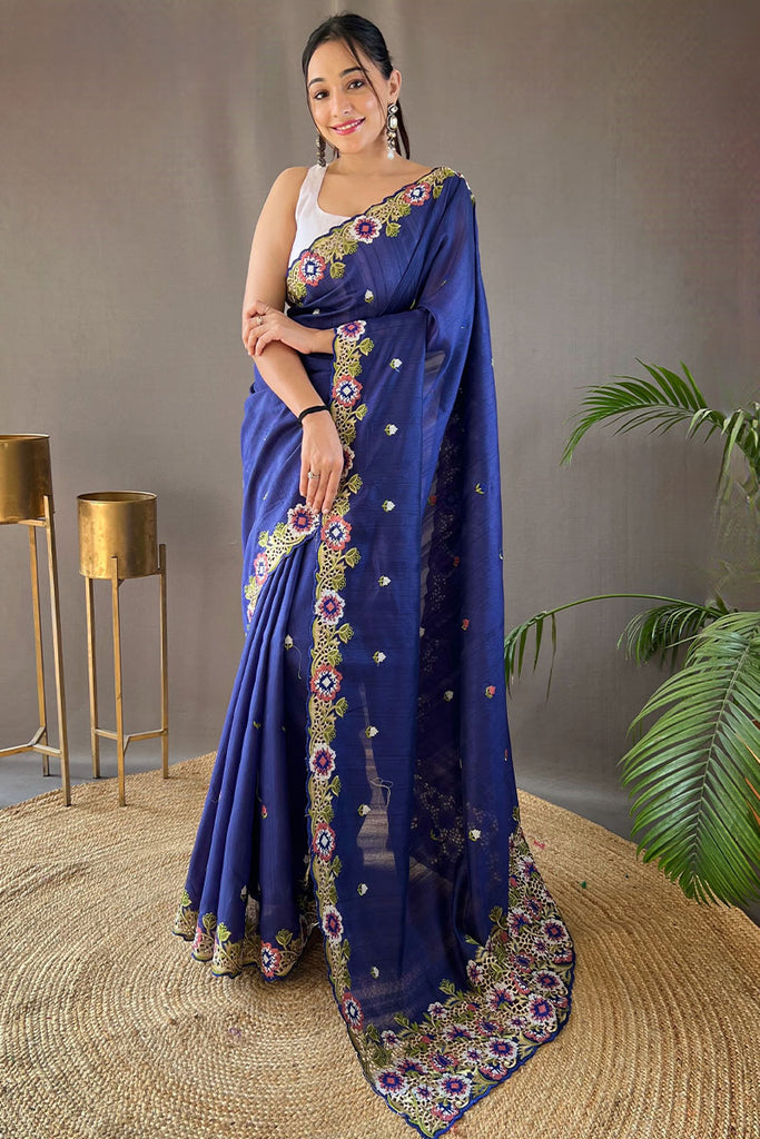 Twilight Blue Embroidered Work Tussar Silk Saree