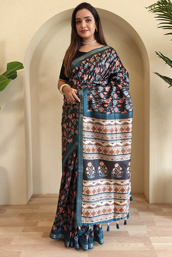 Twilight Blue Printed Viscos Dola Silk Saree