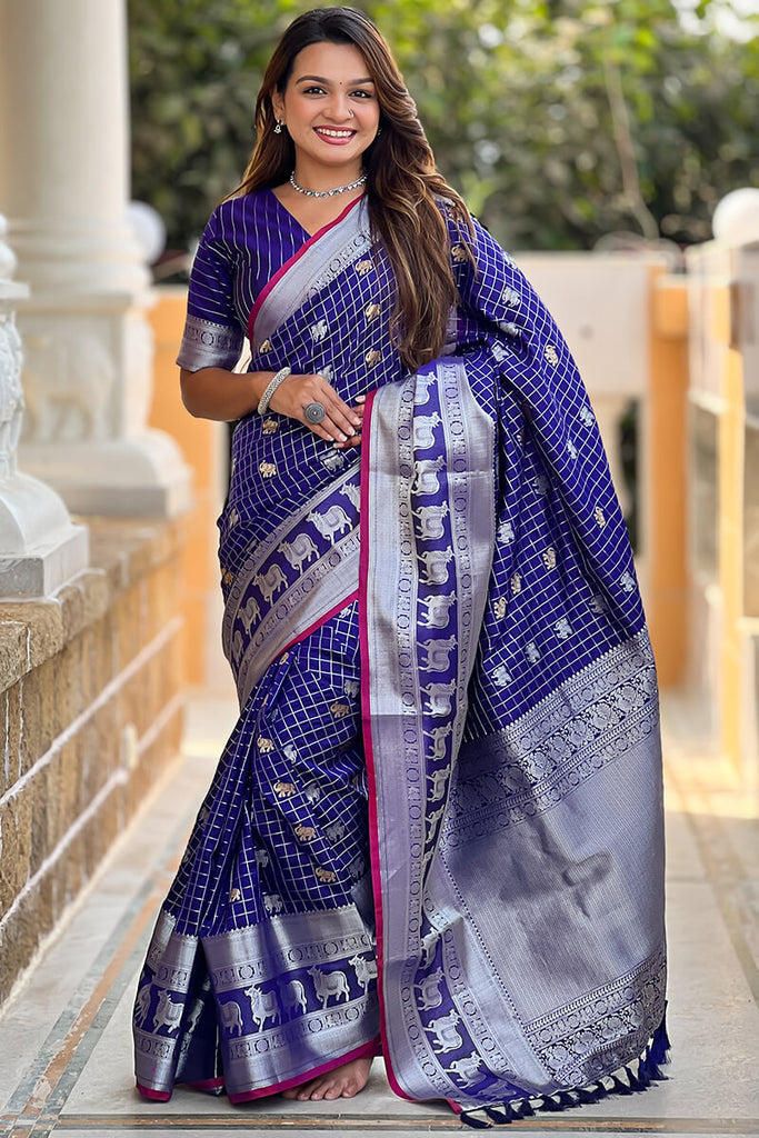 Twilight Blue Soft Banarasi Silk Saree