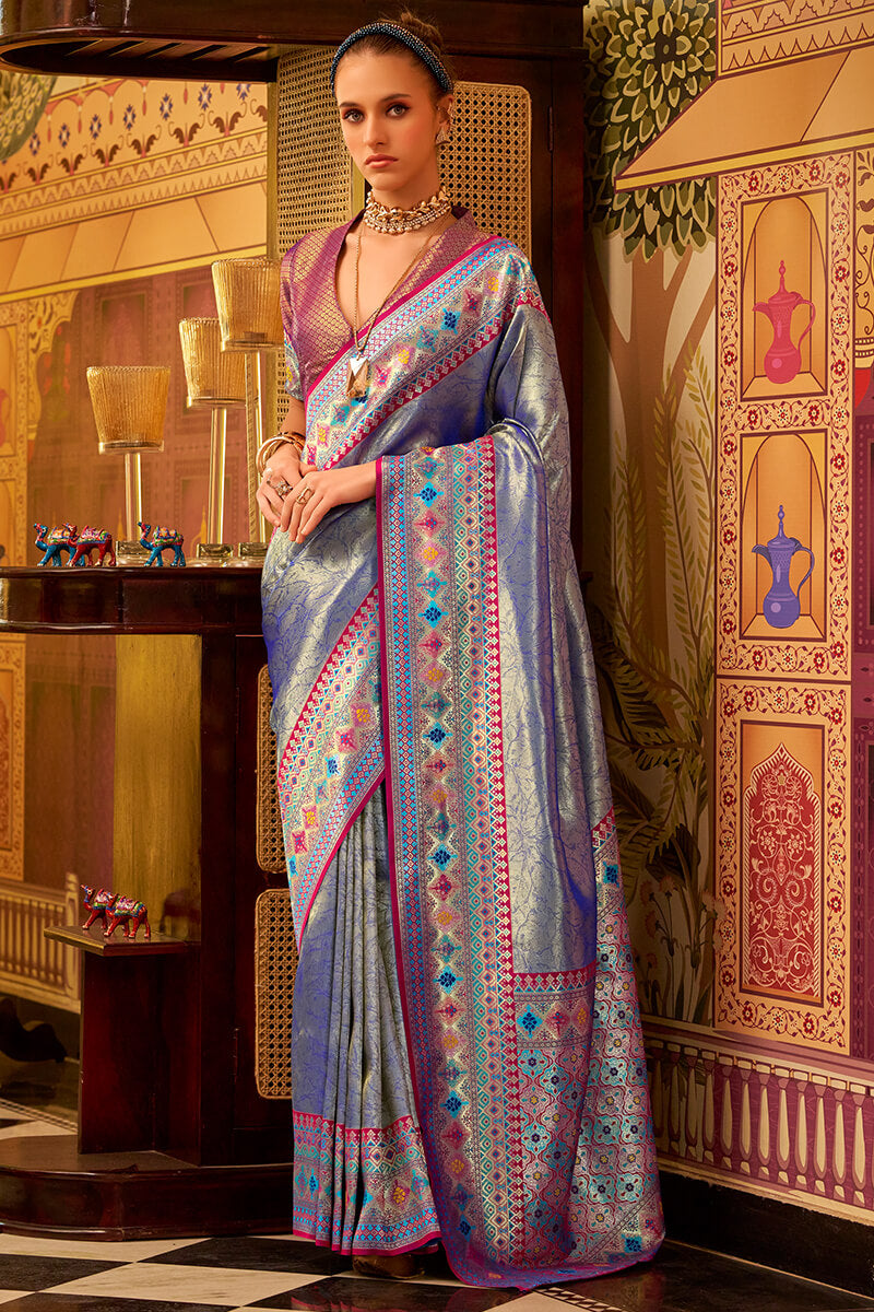 Twilight Blue Zari Woven Tissue Silk Saree