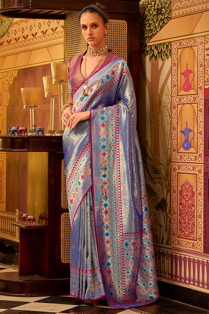 Twilight Blue Zari Woven Tissue Silk Saree