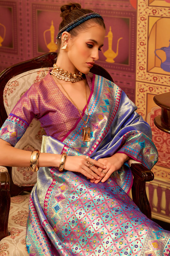 Twilight Blue Zari Woven Tissue Silk Saree