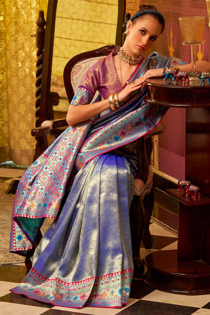 Twilight Blue Zari Woven Tissue Silk Saree