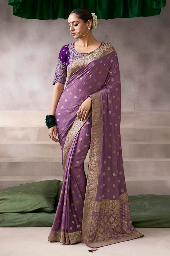 Twilight Lavender Zari Woven Pure Crape Silk Saree with Designer Blouse Piece