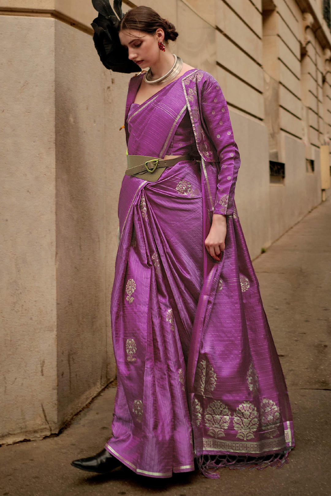 Tyrian Purple Zari Line Banarasi Satin Silk Saree