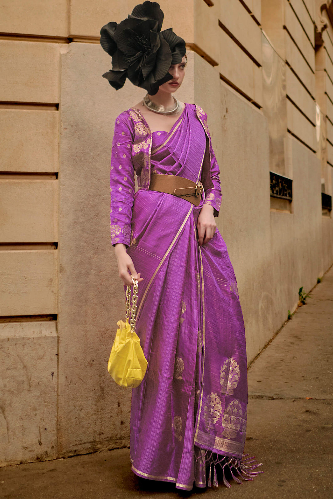 Tyrian Purple Zari Line Banarasi Satin Silk Saree