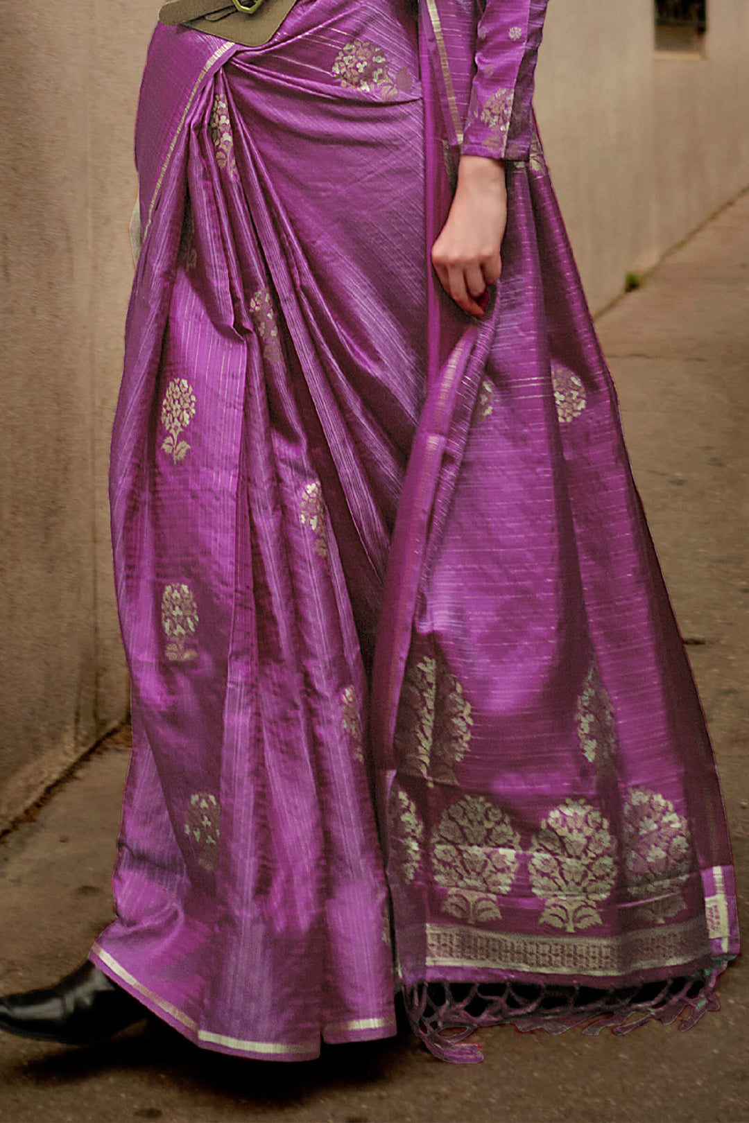 Tyrian Purple Zari Line Banarasi Satin Silk Saree
