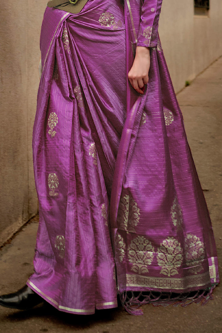 Tyrian Purple Zari Line Banarasi Satin Silk Saree