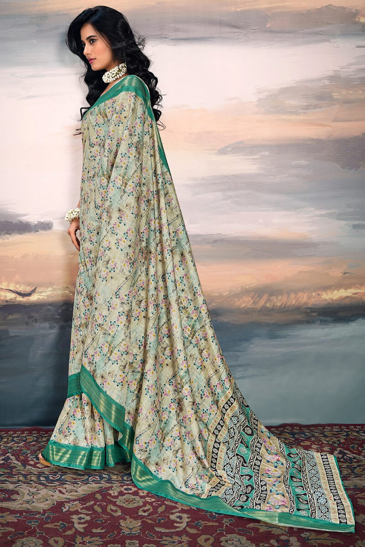 Vanilla Beige Digital Printed Cotton Saree