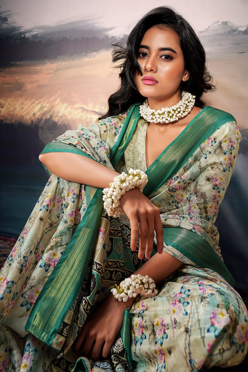 Vanilla Beige Digital Printed Cotton Saree