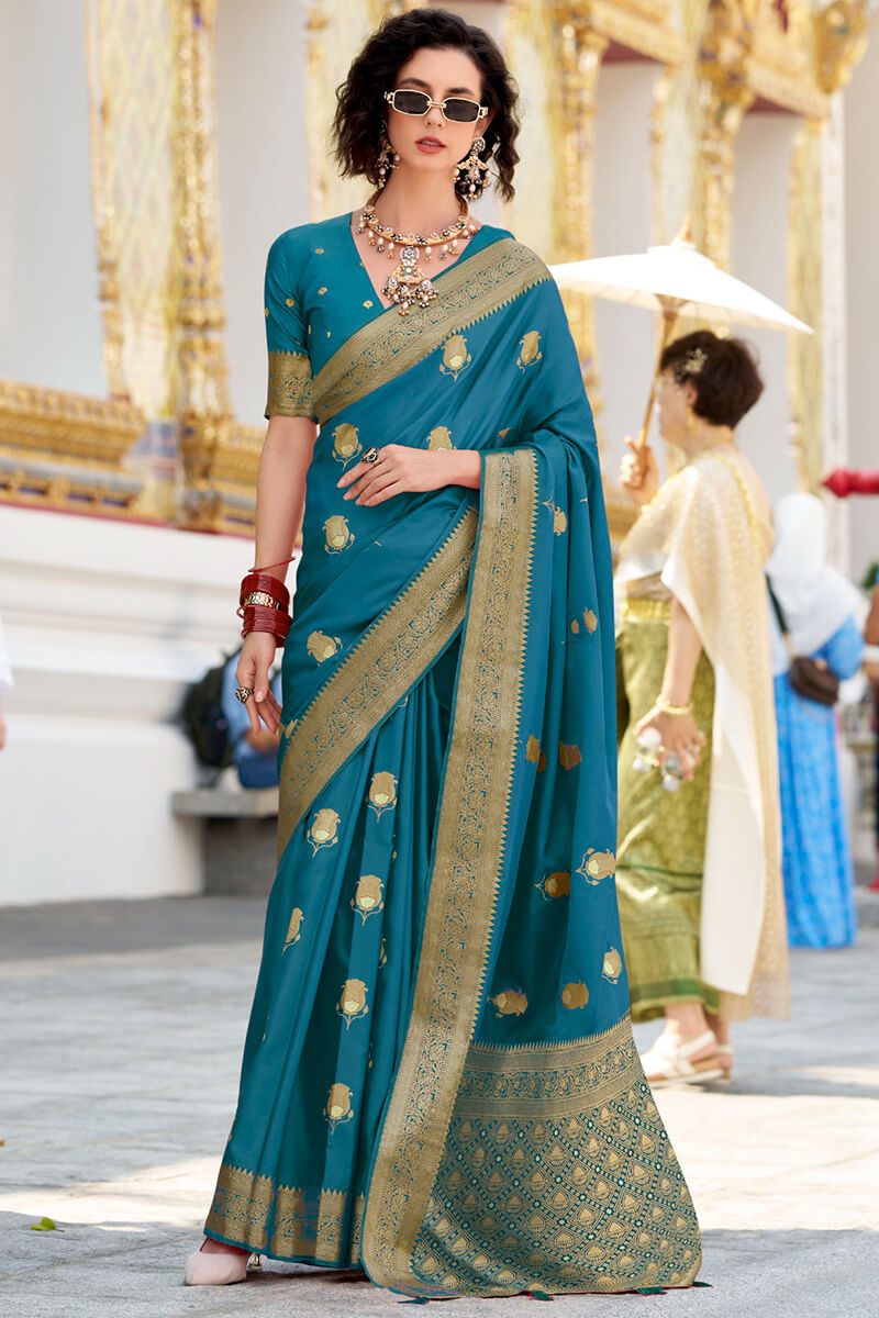 Venice Blue Zari Woven Banarasi Satin Silk Saree
