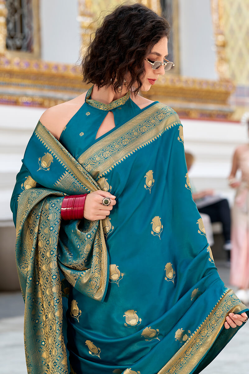 Venice Blue Zari Woven Banarasi Satin Silk Saree