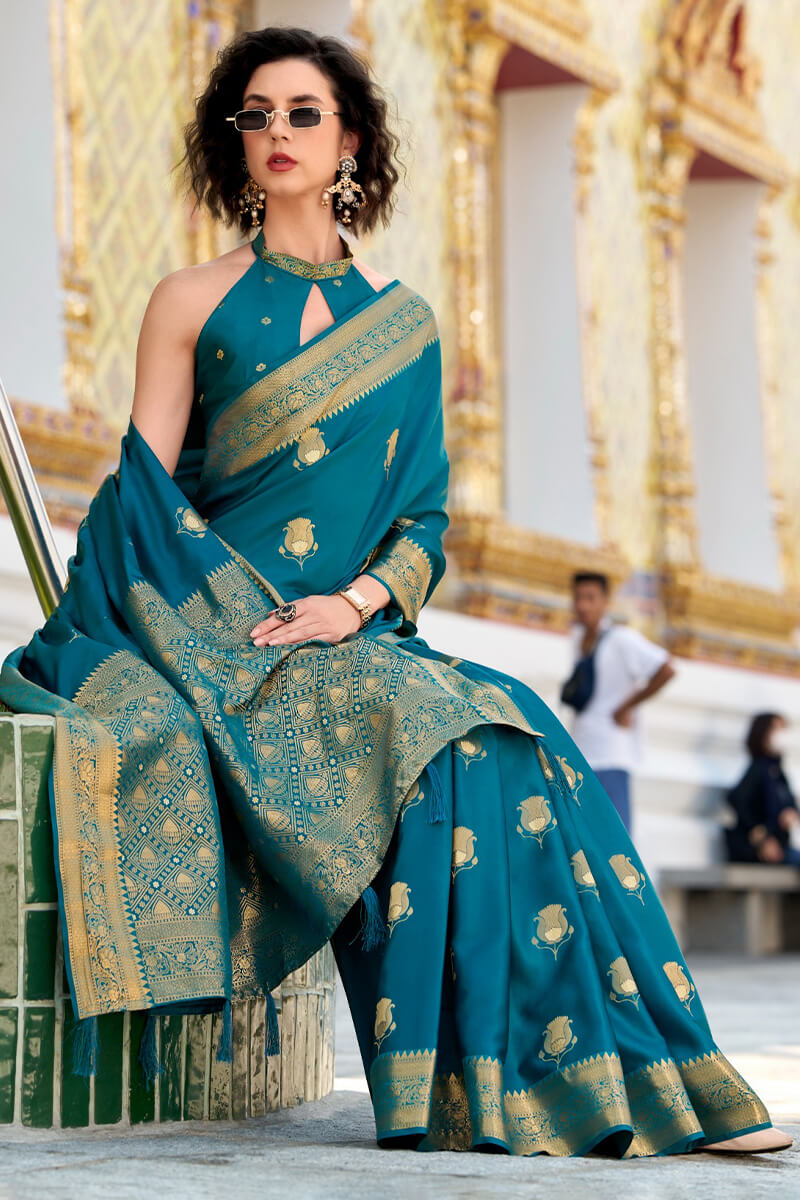 Venice Blue Zari Woven Banarasi Satin Silk Saree