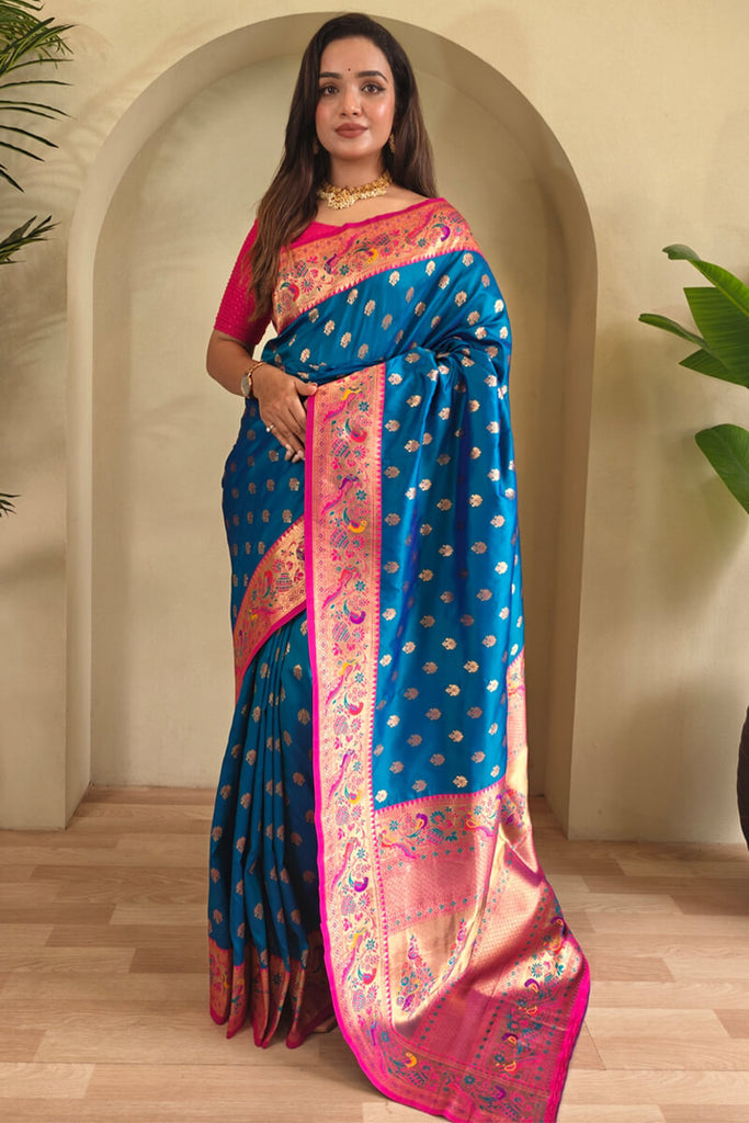 Venice Blue Zari Woven Paithani Silk Saree