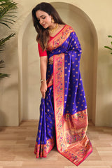 Violet Blue Zari Woven Paithani Silk Saree