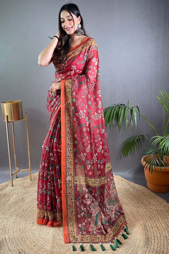 Warm Pink Kalamkari Printed Cotton Saree