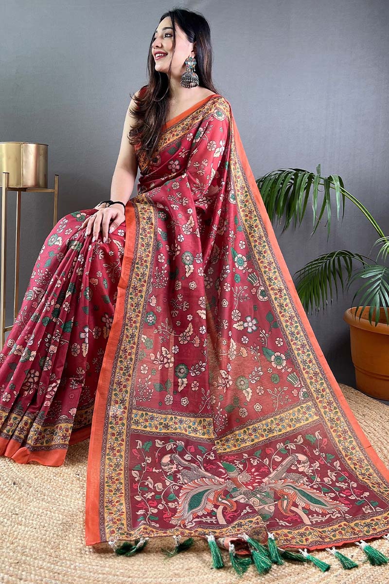 Warm Pink Kalamkari Printed Cotton Saree