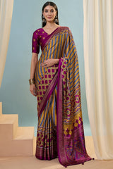 Wine and Yellow Ajrakh Printed Satin Silk Saree