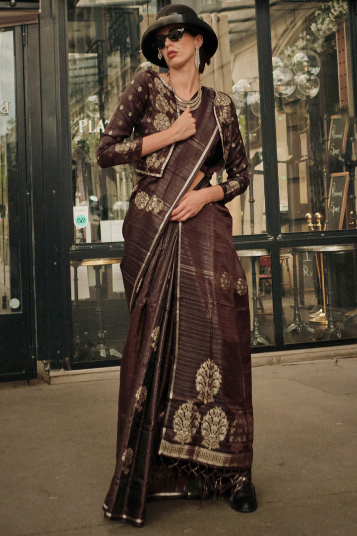 Woody Brown Zari Line Banarasi Satin Silk Saree