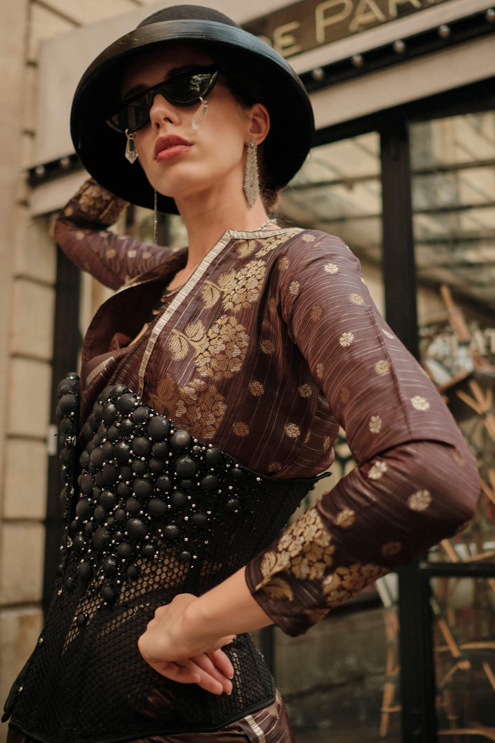 Woody Brown Zari Line Banarasi Satin Silk Saree