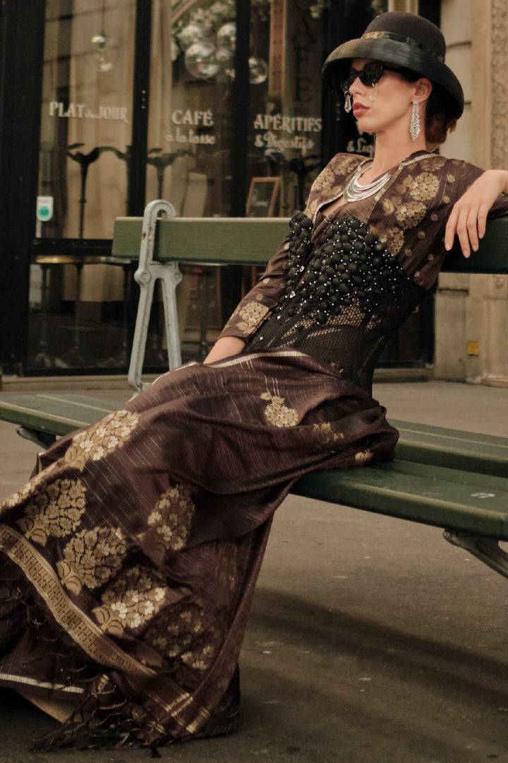 Woody Brown Zari Line Banarasi Satin Silk Saree