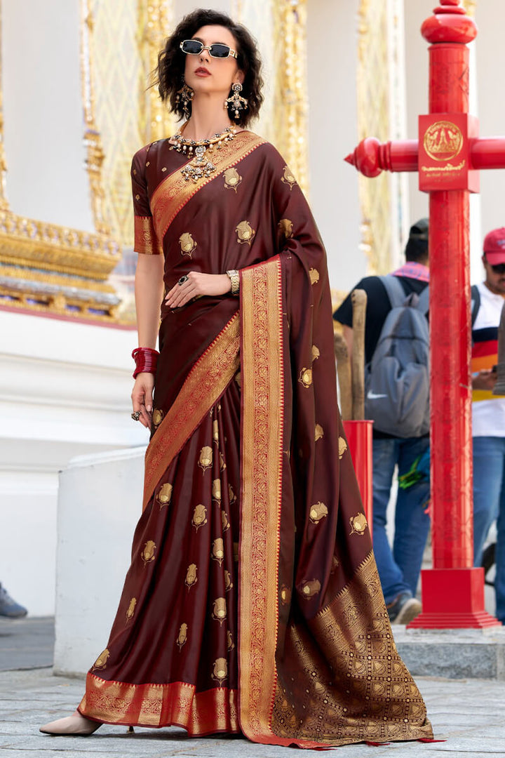 Woody Brown Zari Woven Banarasi Satin Silk Saree
