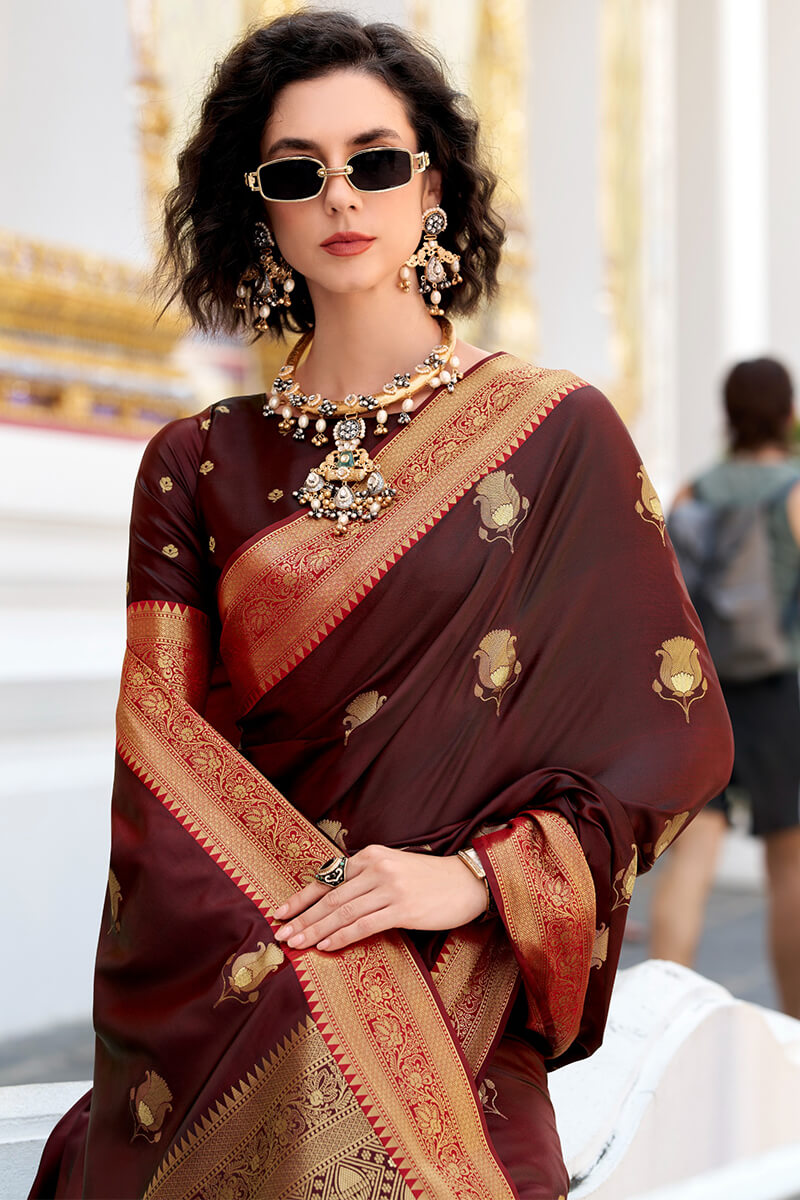 Woody Brown Zari Woven Banarasi Satin Silk Saree