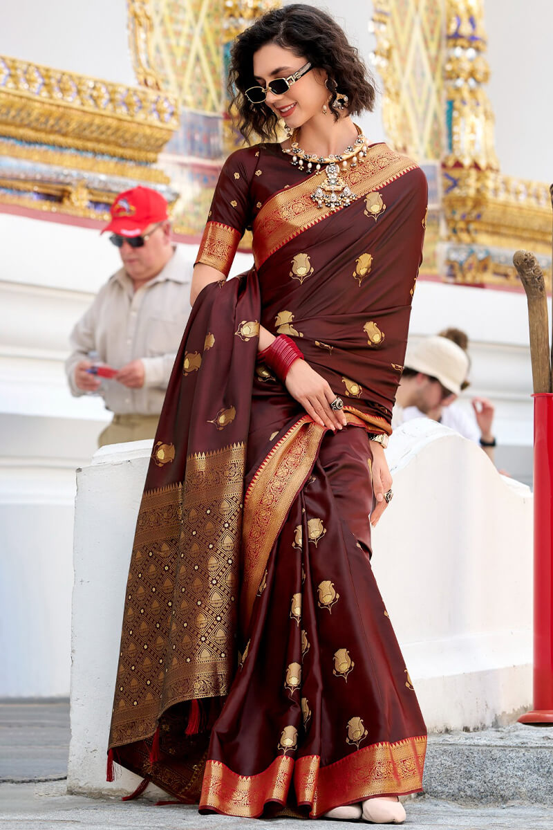 Woody Brown Zari Woven Banarasi Satin Silk Saree