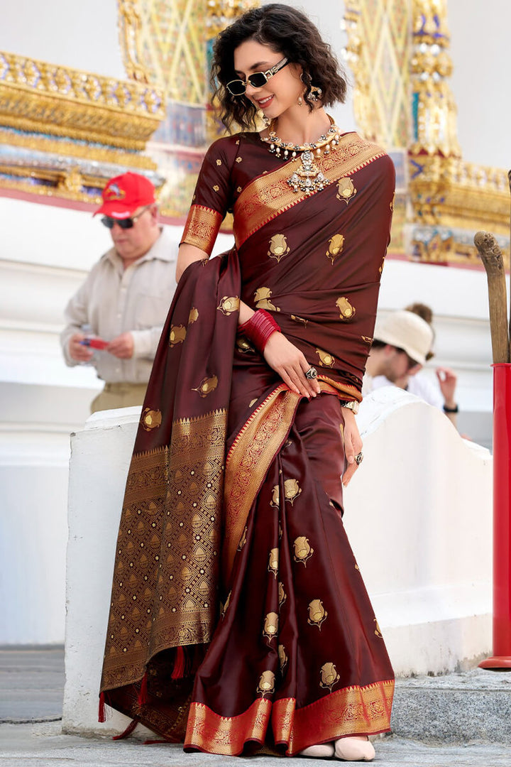 Woody Brown Zari Woven Banarasi Satin Silk Saree