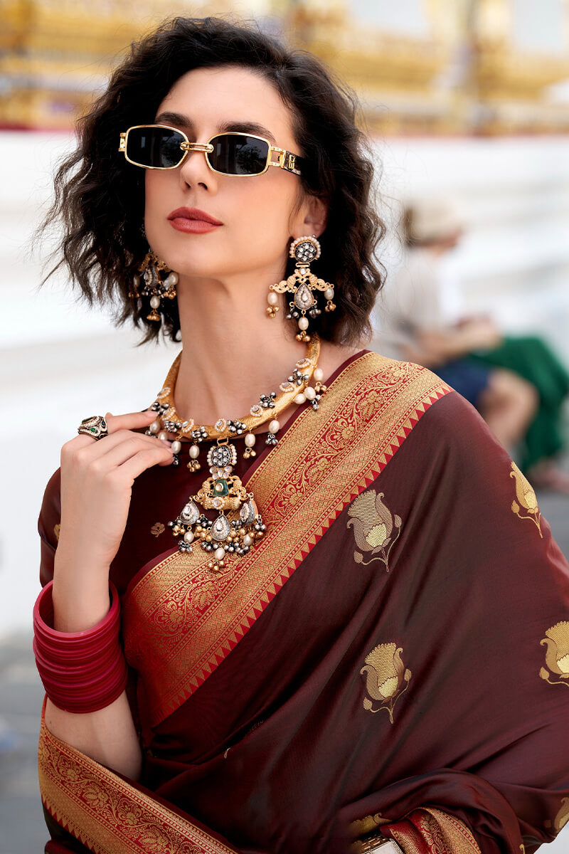 Woody Brown Zari Woven Banarasi Satin Silk Saree