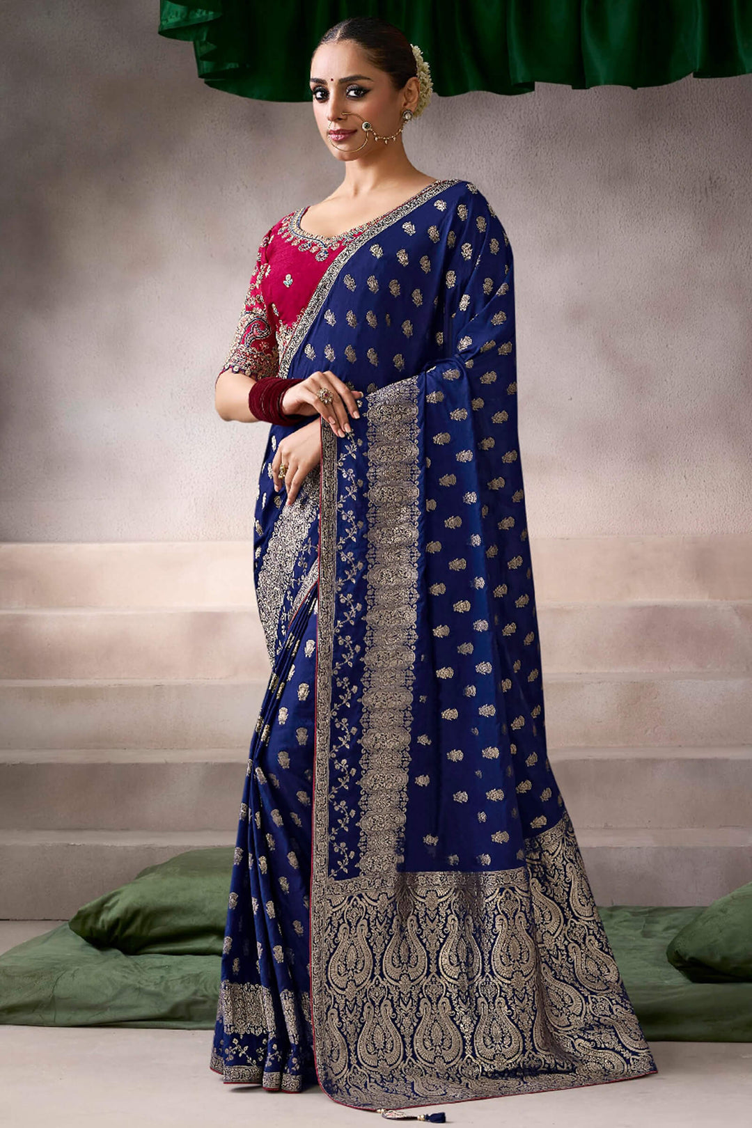 Zodiac Blue Zari Woven Pure Crape Silk Saree with Designer Blouse Piece