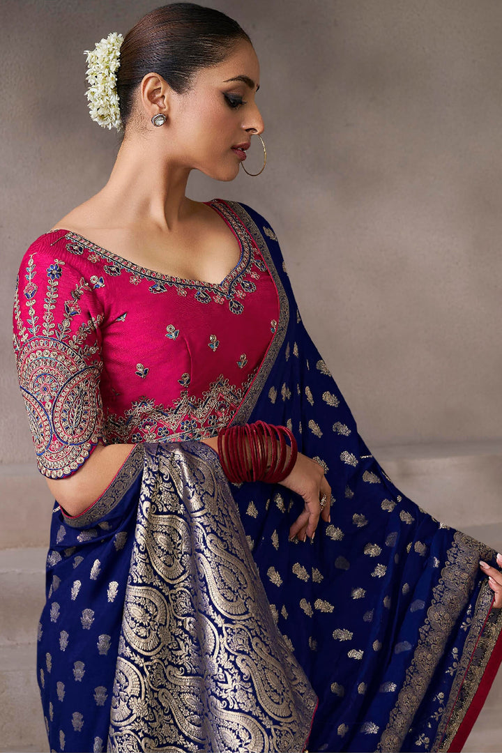 Zodiac Blue Zari Woven Pure Crape Silk Saree with Designer Blouse Piece