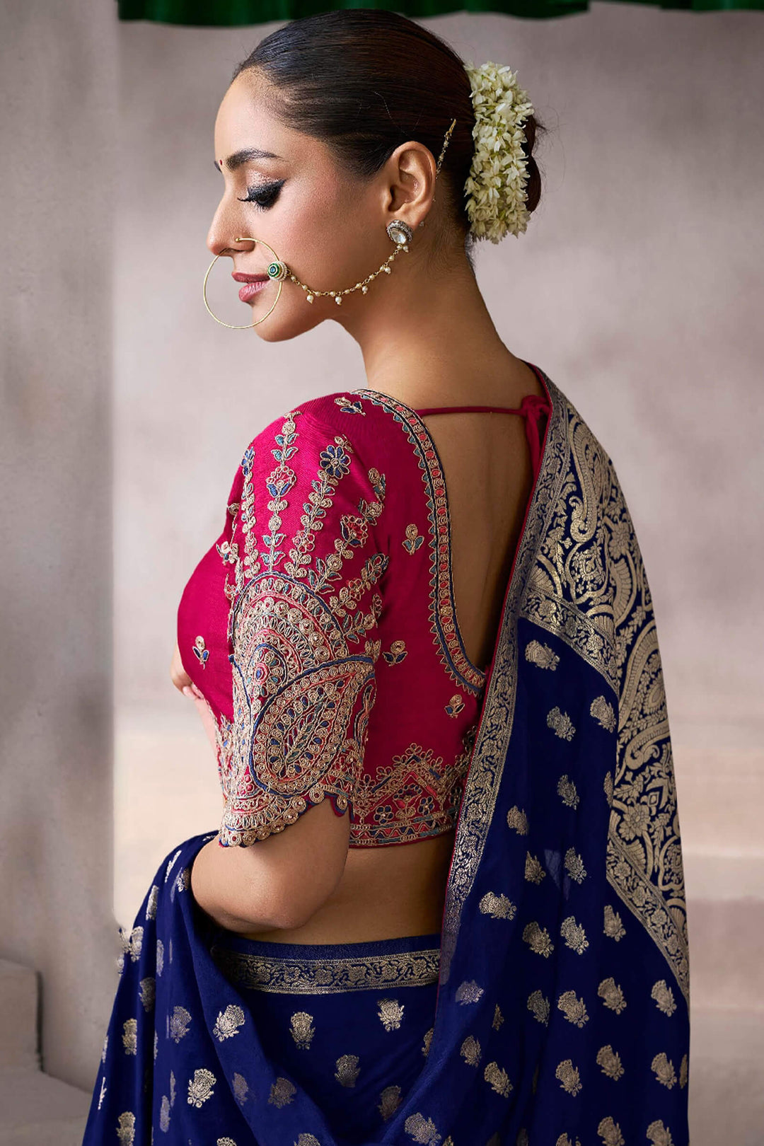 Zodiac Blue Zari Woven Pure Crape Silk Saree with Designer Blouse Piece