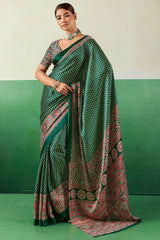 Zucchini Green Ajrakh Printed Satin Silk Saree