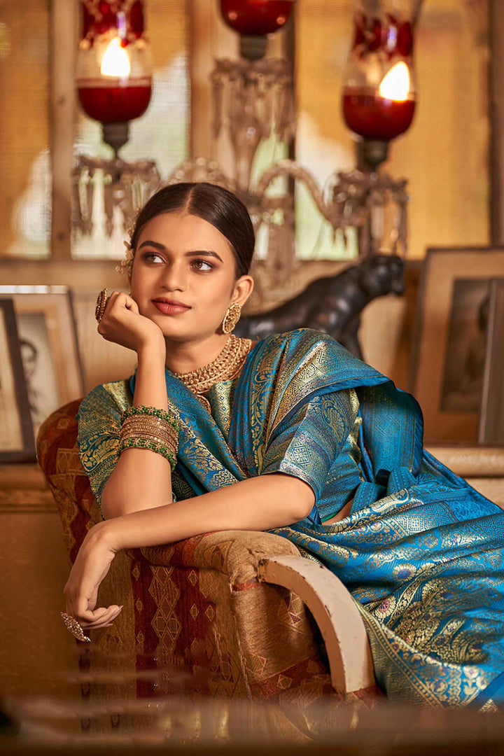 Eastern Blue Zari Woven Kanjivaram Silk Saree