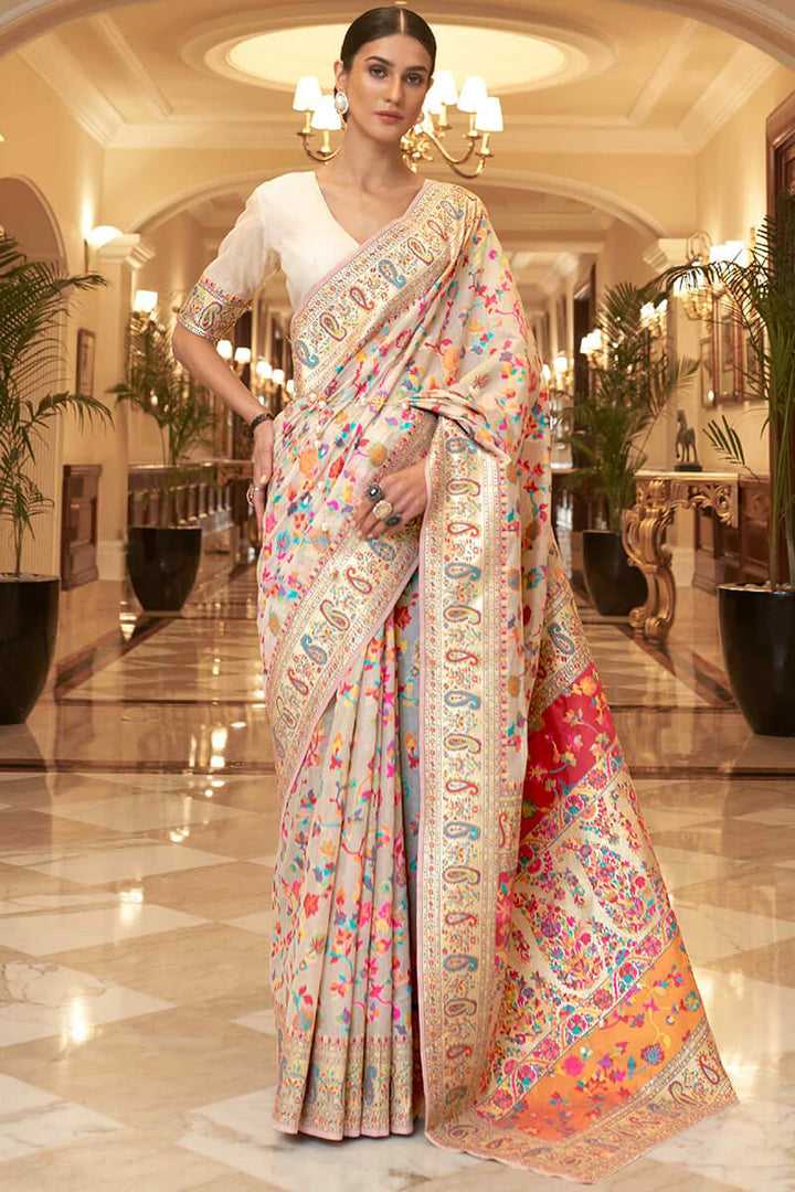 Ecru White Pashmina Silk Saree